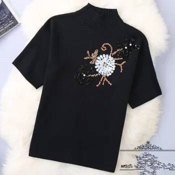 2022 jar jeseň fashion korálkové diamanty flitrami ženy-krátke rukávy pletené vlnené tričko