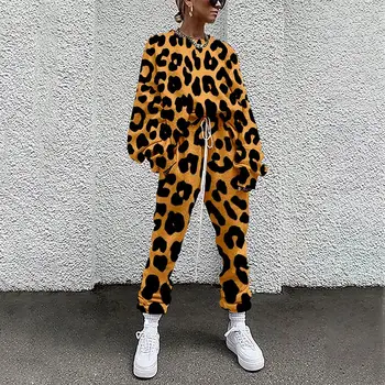 2ks/Set Ženy, Top Nohavice Leopard Tepláková súprava Jeseň Zima Voľné 3D Digitálna Tlač Dve Dielna Sada Dámske Oblečenie, Streetwear
