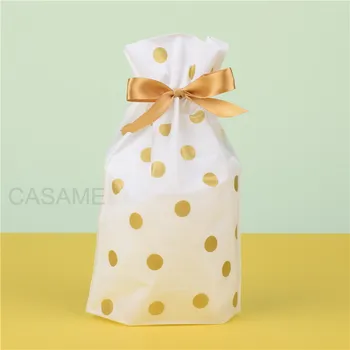 50pcs/veľa Zlata Dot Biele Plastové Šnúrkou Taška Candy Bag Narodeninovej Party Svadobná Výzdoba pre cookie candy tortu dať darček
