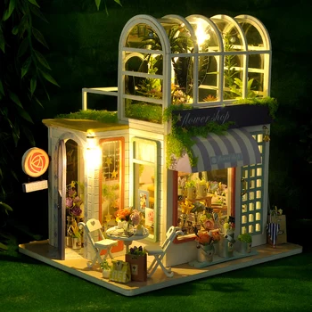 55TOYS Flower Shop DIY Drevené Miniatúrny domček pre bábiky Ručné Doll House Kuchyňa S Nábytkom, Hračkami Pre Deti Lady Darček