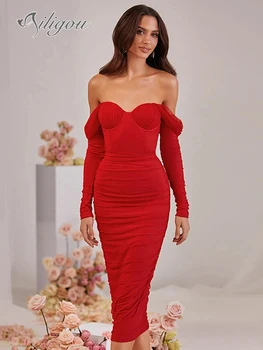 Ailigou 2022 Nové Žien Módy Sexy Mimo Ramenný Dlhý Rukáv Červená Skladaný Oka Midi Obväz Šaty Elegantné Večerné Šaty Vestidos