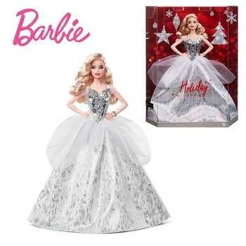 Barbie Originálny Podpis 2021 Dovolenku Bábika 12-Palcový Blond Vlnité Vlasy V Strieborných Šatách Bábika Zdobiť Akčný Model Obrázok Stojan Darček