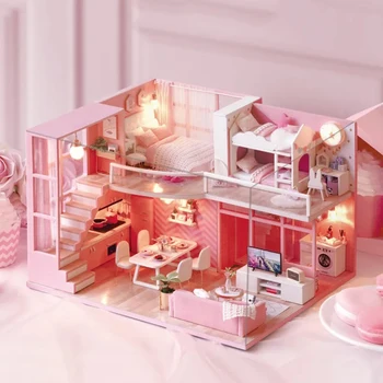 Deti Drevená Bábika Dom Furnitures Diy 3D Podkrovné Loft Miniaturas Zostaviť domček pre bábiky Hračky pre Deti Narodeninám