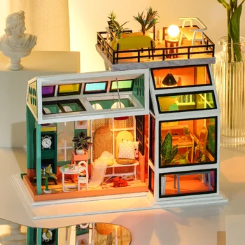 DIY Doll House Miniatúrny Model Stavebné Bloky Miniatúrny domček pre bábiky s protiprachovým Krytom Narodeniny Vianočný Darček Drevené Hračky