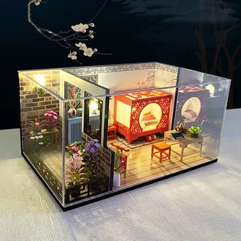DIY Miniatúrne Drevené Casa Doll House Súpravy, Nábytok Čínsky Loft Roombox Model Villa domček pre bábiky Zmontované Hračky Pre Dospelých Dary