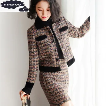 Elegantné Tweed Sukne Ženy Jeseň Zima Office Lady Singel Svojim Krátka Srsť Zábal Mini Sukne Dve Dielna Sada Streetwear
