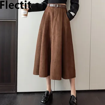 Flectit Svetlice Midi Sukňa s Vreckami Pás Vysoký Pás Hnedá Sukňa Dámske Vintage Oblečenie