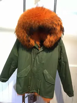 Fox Kožušinu Linajkované Luxusné Zimné Oblečenie Módne Kožušiny Vetrovka,Vojenská Zelená Shell Orange Fox Kožušinu Linajkované Coats