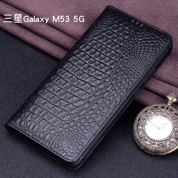Horúce Luxusné Lich pravej Kože Flip Telefónu Prípadoch Pre Samsung Galaxy M53 5g Skutočné Cowhide Kožené Shell Úplné Pokrytie Vrecku Taška Prípade