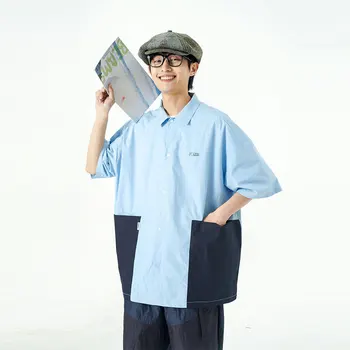 Japonsko Módne Mesto Chlapec Košele Mužov Streetwear Trend Spájať Farba Voľné Bežné Krátky Rukáv Košele Muž Nadrozmerná Košele, Blúzky