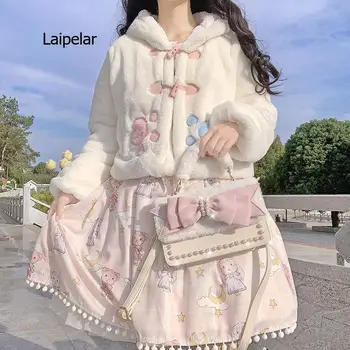 Japonský Sladké Jeseň Zimné Kabáty Dievčenskú Králičie Uši Teplé Mäkké Plyšové Kapucňou Bundy Outwear
