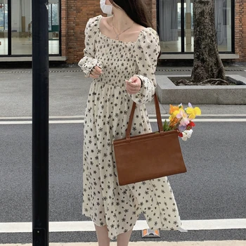 Jesenné Vinobranie Kvetinový Ženské Šaty 2021 Elegantné Party Princess Dlhý Rukáv Midi Šaty High Street kórejský Jeseň Oblečenie pre Ženy