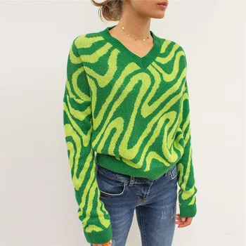 jeseň ženy ostrihané sveter vlna vzor tlače Harajuku sveter pletený pulóver topy tvaru celý rukáv žena svetre jumper