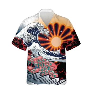 Jumeast 3d Japonsko Vlna Vytlačené Mens Havajská Košeľa Krátky Rukáv Harajuku Japonskej Módy Košele pre Mužov Voľné Moderný Streetwear