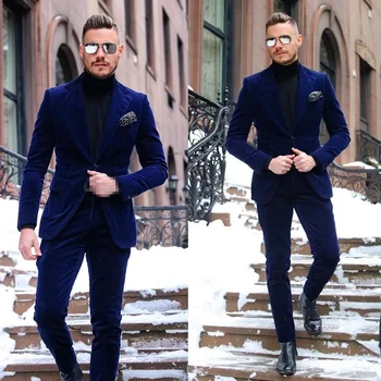 Kostým Homme Tmavo Modré Jedno Tlačidlo Velvet Mens Prom Obleky S Drážkou Klope Svadobné Tuxedos Pre Mužov, 2 Ks Komplety (Bunda+Nohavice)