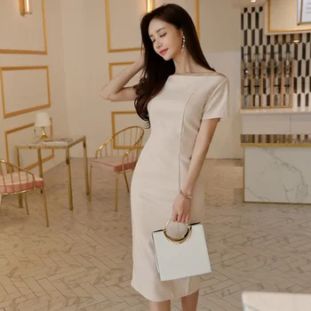 Kórejské Oblečenie Žena Elegantné Šaty Letné Krátky Rukáv Vestido Pevné Office Lady Party Žena Šaty