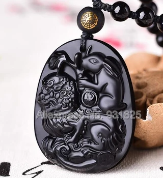Kúzlo Prírodných Čierna Obsidián Vyrezávané Čínsky Dvanásť Kylin Potkan Zverokruhu Amulet Lucky Požehnanie Prívesok + Čierne Korálky Náhrdelník Šperky