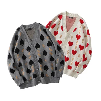 Láska žakárové cez tlačené cardigan sveter pánske doplnky, Európskej a Americkej módnej značky voľné V-Krku Sveter pár kabát