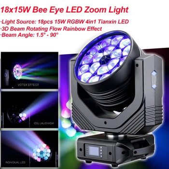 Lúč 18x15W LED Bee Oko Pohyblivé Hlavy Svetlo Zoom Fáze Osvetlenie, DJ Zariadenia Dmx regulácia RGBW Farby LED Wash Pre Svadobné Party