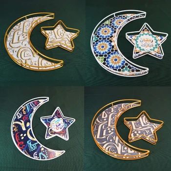 Moslimské Eid Mubarak Dekoratívne Potravín Zásobníka Moon Star Tvar Kovových Servírovací Tanier Plytký Z Ovocia Denný Dezert Displej Držiak