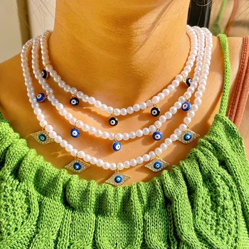 Multicolor Turecký Zlým Okom Pearl Korálkové Choker Náhrdelníky Pre Ženy Jednoduché Imitácia Perly Korálky Reťazca Náhrdelník Módne Šperky
