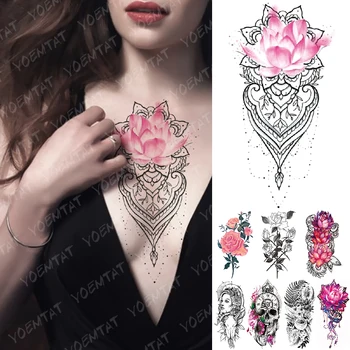 Nepremokavé Dočasné Tetovanie Nálepky Lotus Ruže, Kvety, Čipky Flash Tatto Lebky Šperky Daisy Body Art Rameno Falošné Tetovanie Ženy Muži