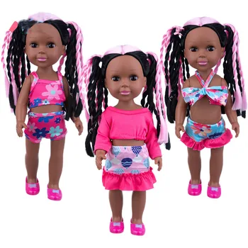 Nové 14inch Reborn Baby Doll Silicne Ružovej Stuhy Príliv Dieťa 35 cm Rovné Vlasy Čiernej Kože American Girl Dress Up Bábiky Hračky