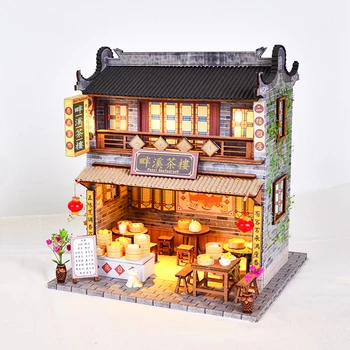 Nové Hobby domček pre bábiky Tvorivé Čínsky Štýl Domu Drevené Ručne zmontované Street View Divadlo Diy Ozdoby Potravín A Hrať Model Hračky