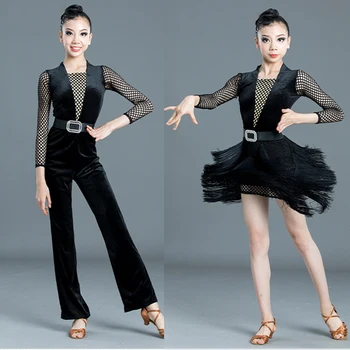 Nové latinské Tanečné Šaty Pre Dievčatá, Čierna Oka Rukávy Velvet Top Sukne Výkon Oblečenie latinskej Tanečnej Súťaže Šaty SL2263