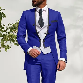 Nový Štýl Muži Obleky Kráľovská Modrá a Biela Ženícha Tuxedos Kolo Klope Kostým Homme Groomsmen 3 Kusy Nastaviť ( Bunda+Nohavice+ Vesta)