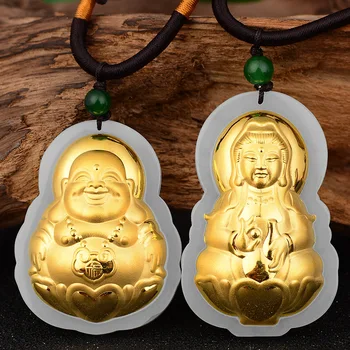 Skutočné Hetian Jade Prívesok Pre Ženy 3D Ťažké Zlaté Prívesok Žehnaj Buddha Kwan-yin Veľký Prívesok Darček