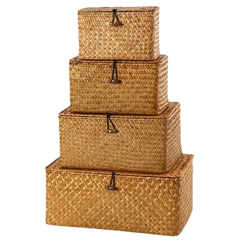 Slama Ručné Čínsky Výrobca Remeselníci Piknik Tkané Prútený Dekoratívne Úložný Kôš Box S Vekom