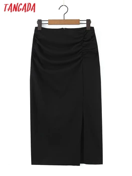 Tangada 2022 Ženy Black Skladaný Ceruzku Sukne Faldas Mujer Zips Žena Midi Sukne 8H19