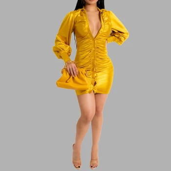 Šaty pre Ženy Strane Zase Dole Golier Singel svojim Skladaný Farbou nočný klub Sexy Večer Mini Šaty Veľkoobchod