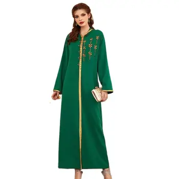 Šaty Zelené Zlato Hrana Kapota Ručne Šité Elegantné Dlhé Šaty 2022 Nové Módne Ramadánu Šaty Moslimských Eid Mubarak Abaya Satin Kaftan