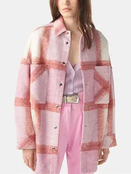 Ženy Vlnené Kockované Košele Kabát Lady Dlhý Rukáv Single-Breasted Bunda s Vreckami 2022 Nové Jeseň Zima Outwear Top